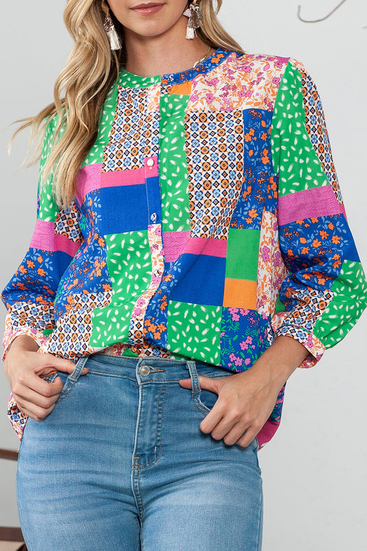 Multicolor Floral Colorblock Buttoned Puff Sleeve Shirt
