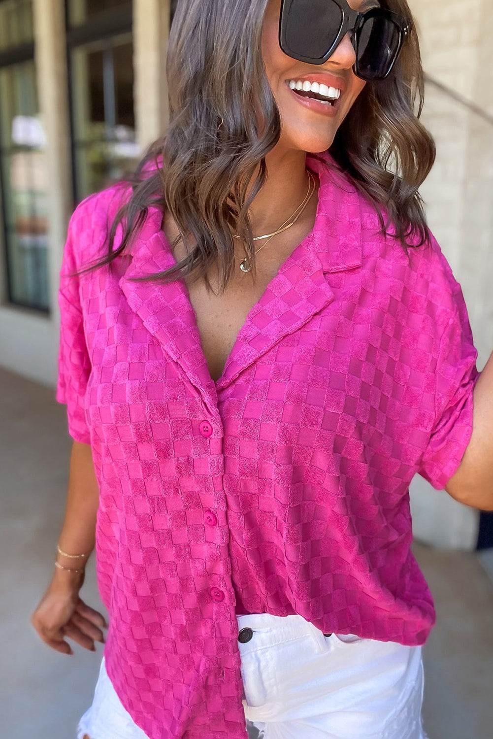 Bright Pink Lapel Neck Checkered Textured Shirt