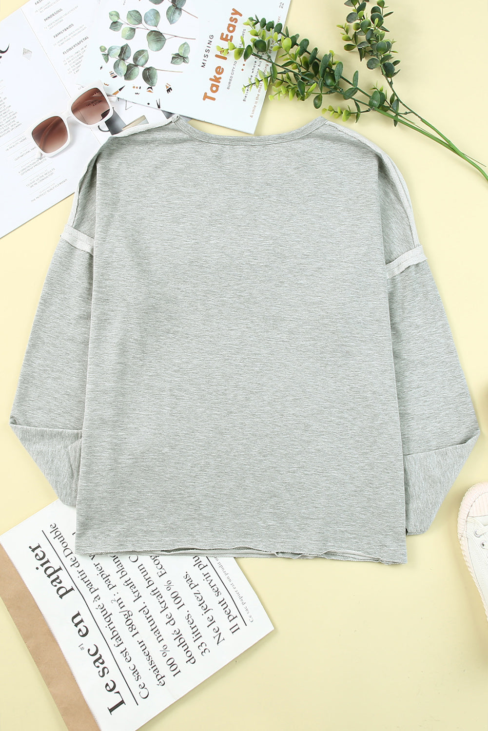 Grey V Neck Exposed Seam Drop Shoulder Long Sleeve Top