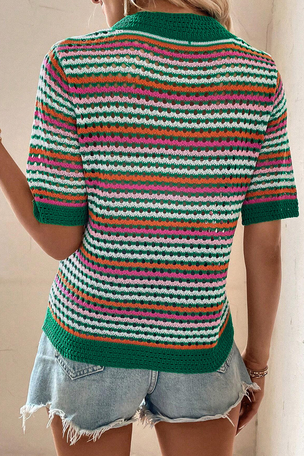 Dark Green Striped Pattern Hollow Out Knit T Shirt