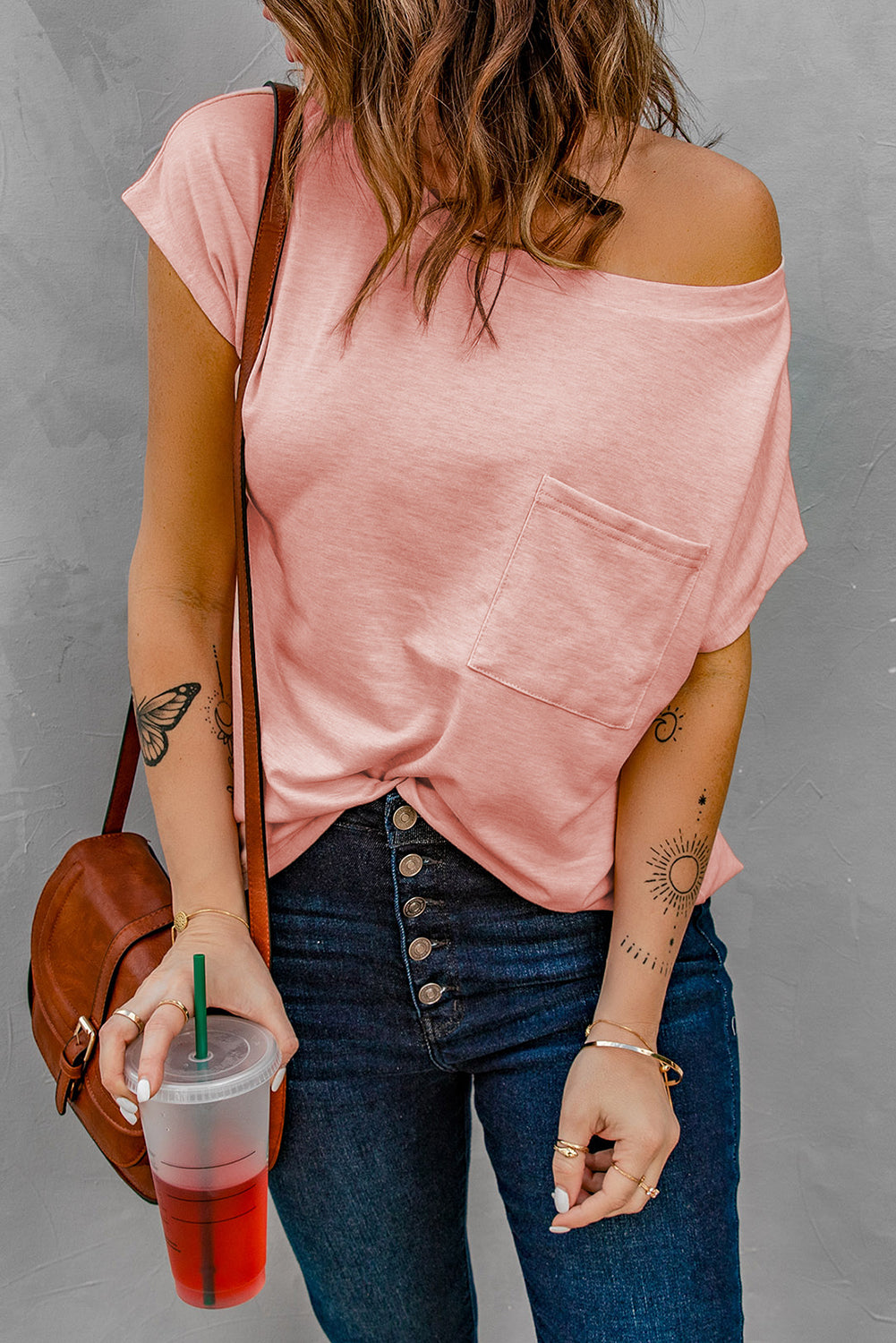 Pink Short Sleeve Basic T Shirt with Patch Pocket