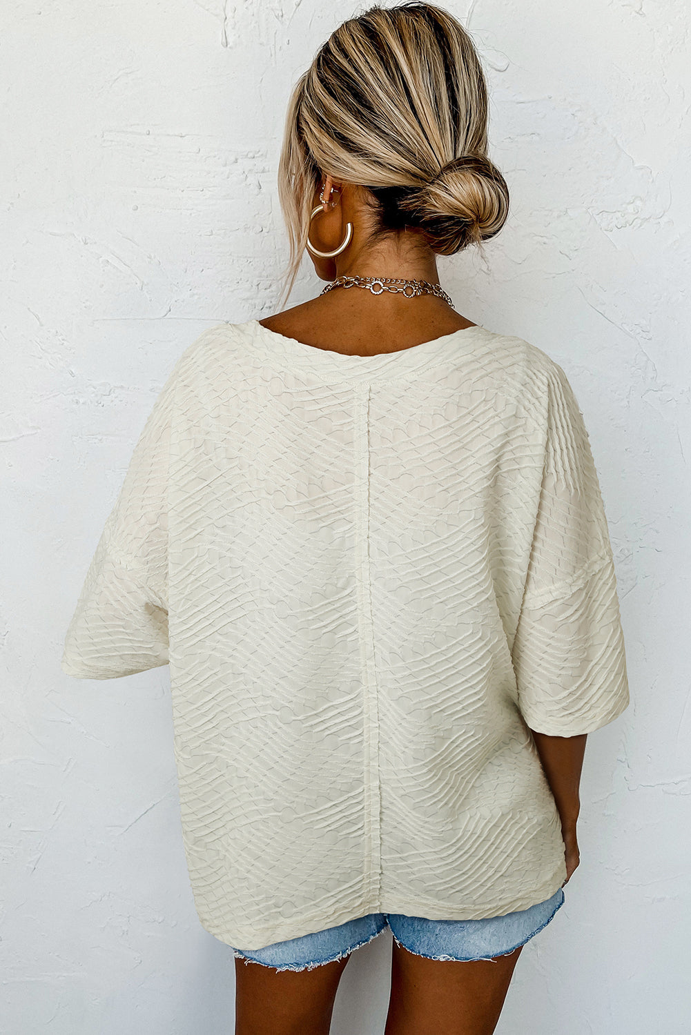 Beige Textured V Neck Split Hem T Shirt