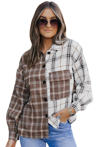 Brown Plaid Colorblock Pocket Patchwork Buttons Shacket