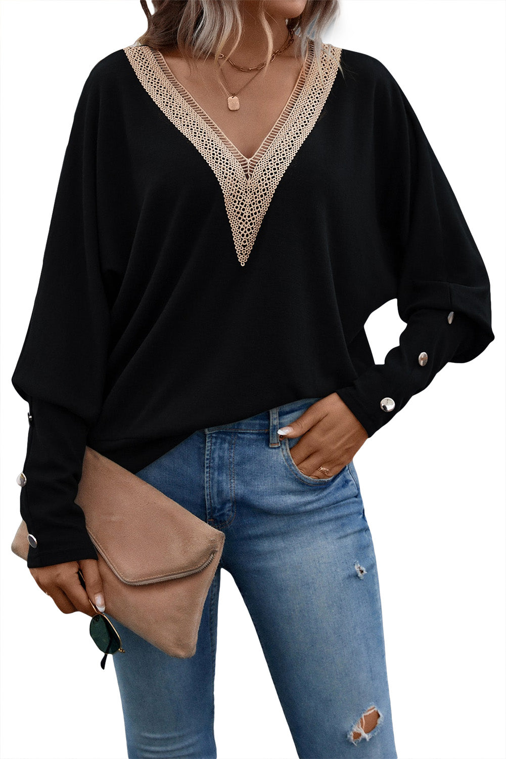 Black Guipure Lace Splicing V Neck Batwing Sleeve Top