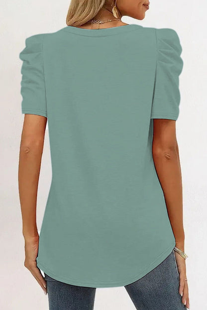 White Puff Sleeve Casual V Neck T-Shirt