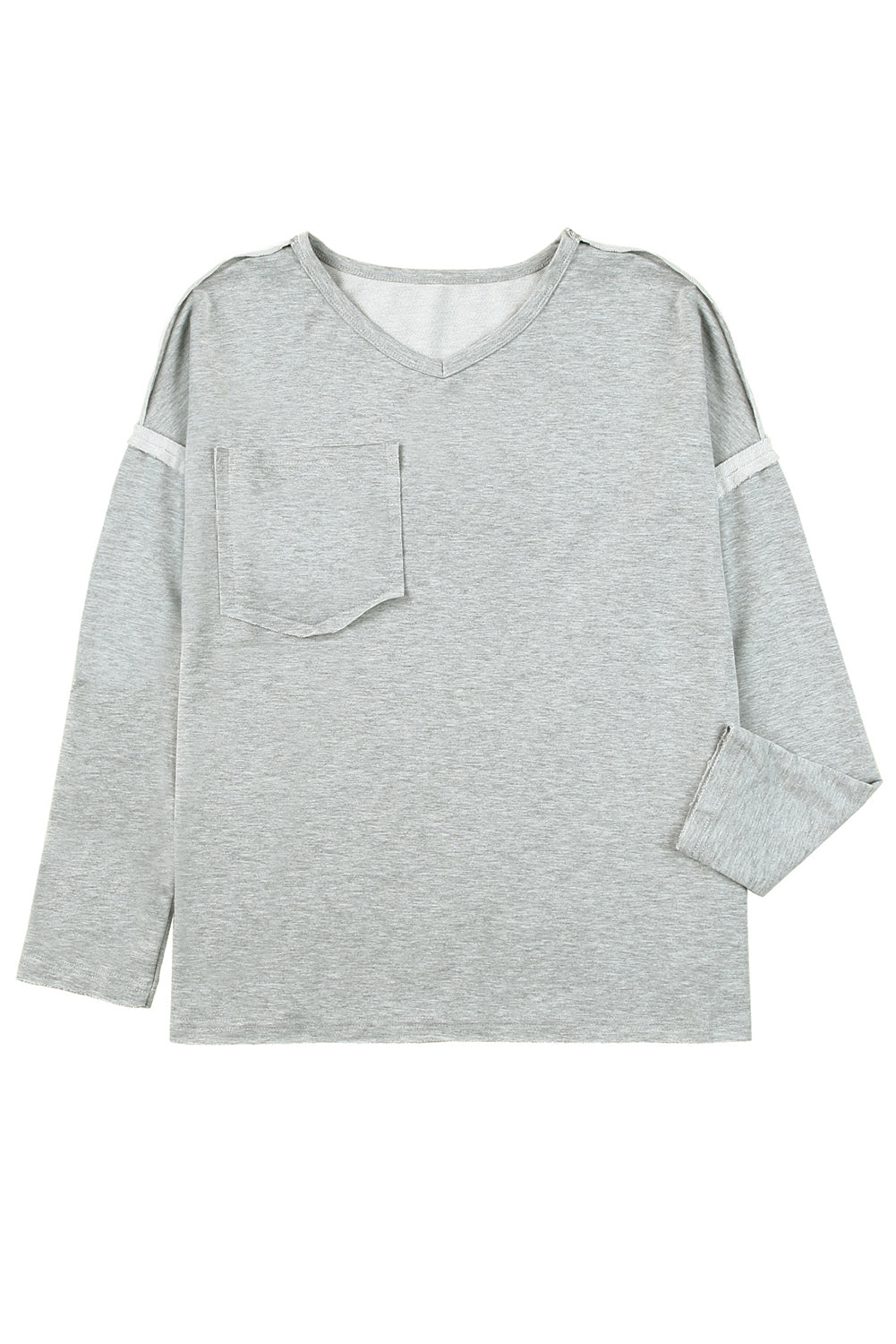 Grey V Neck Exposed Seam Drop Shoulder Long Sleeve Top