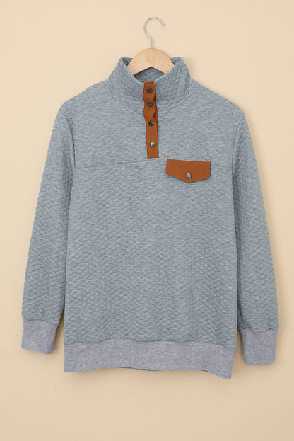 Grey Stand Collar Brown Quilted Snap Button Sweatshirt