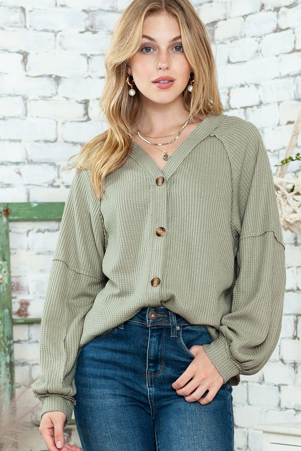 Khaki Exposed Seam Button Front Waffle Knit Cardigan