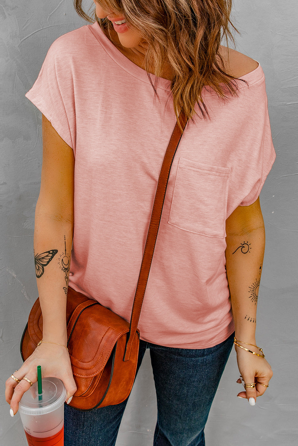 Pink Short Sleeve Basic T Shirt with Patch Pocket