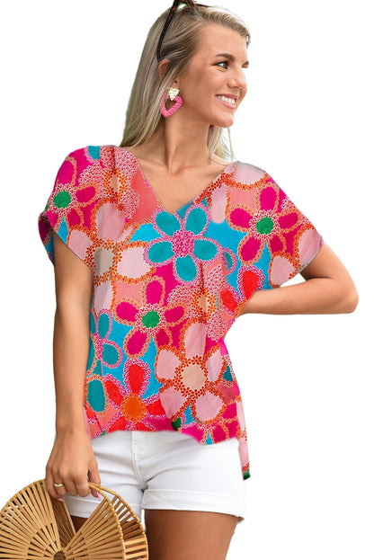 Pink Abstract Print V Neck Short Sleeve Dolman Blouse