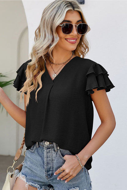 White V Neck Ruffle Short Sleeve Blouse