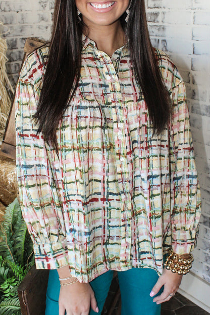 Multicolor Plaid Pleated Long Sleeve Shirt