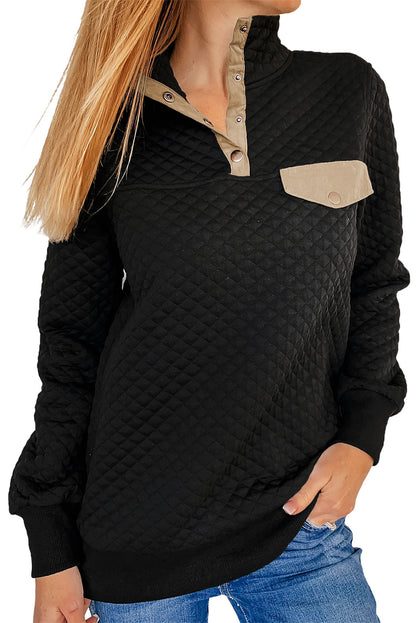 Grey Stand Collar Brown Quilted Snap Button Sweatshirt