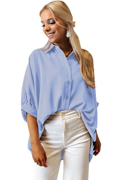 Sky Blue Plain 3/4 Batwing Sleeve Oversize Button Up Shirt