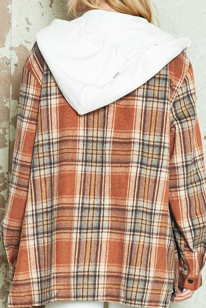 Multicolor Plaid Puff Sleeve Hooded Patchwork Shacket