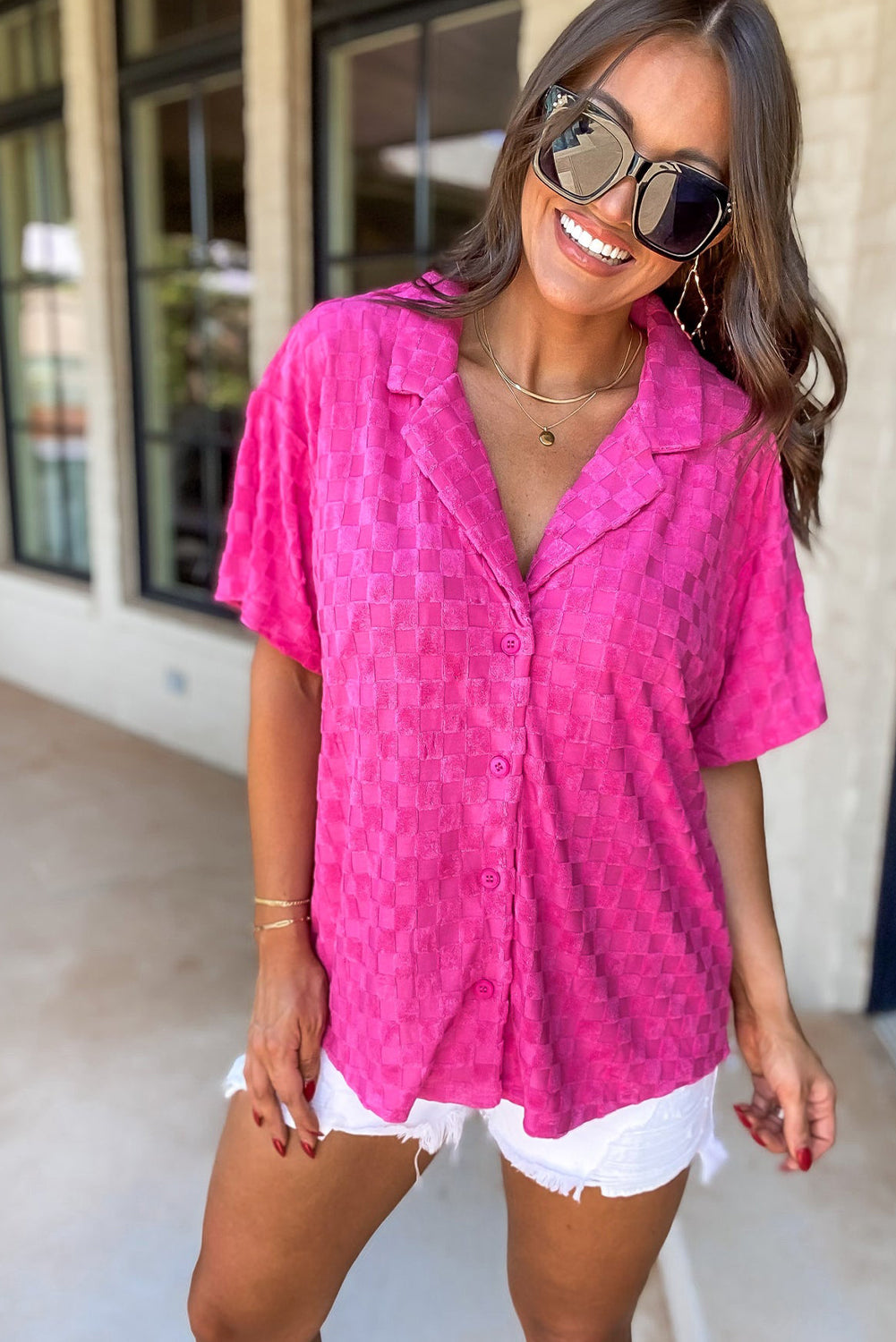 Bright Pink Lapel Neck Checkered Textured Shirt