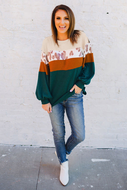 Green Leopard Color Block Casual Waffle Knit Top