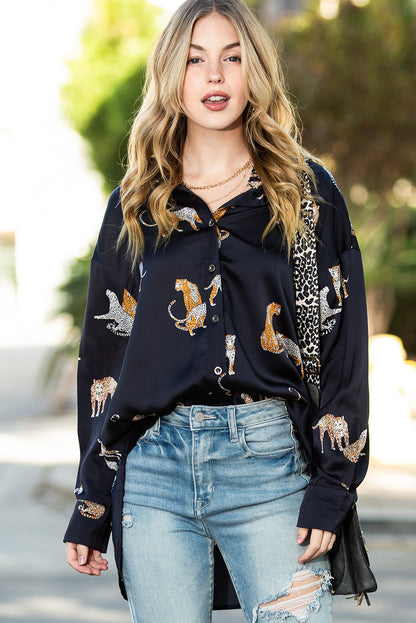 Black Animal Print Button Up Satin Shirt