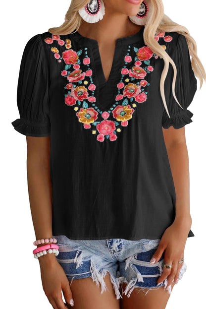 Black Floral Embroidered Boho Ruffle Puff Sleeve Blouse