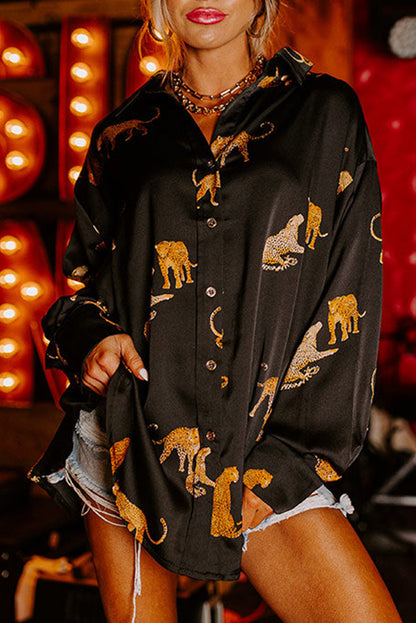 Black Animal Print Button Up Satin Shirt