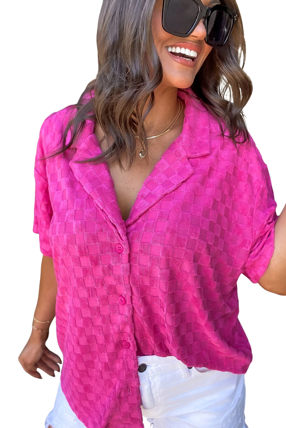 Bright Pink Lapel Neck Checkered Textured Shirt