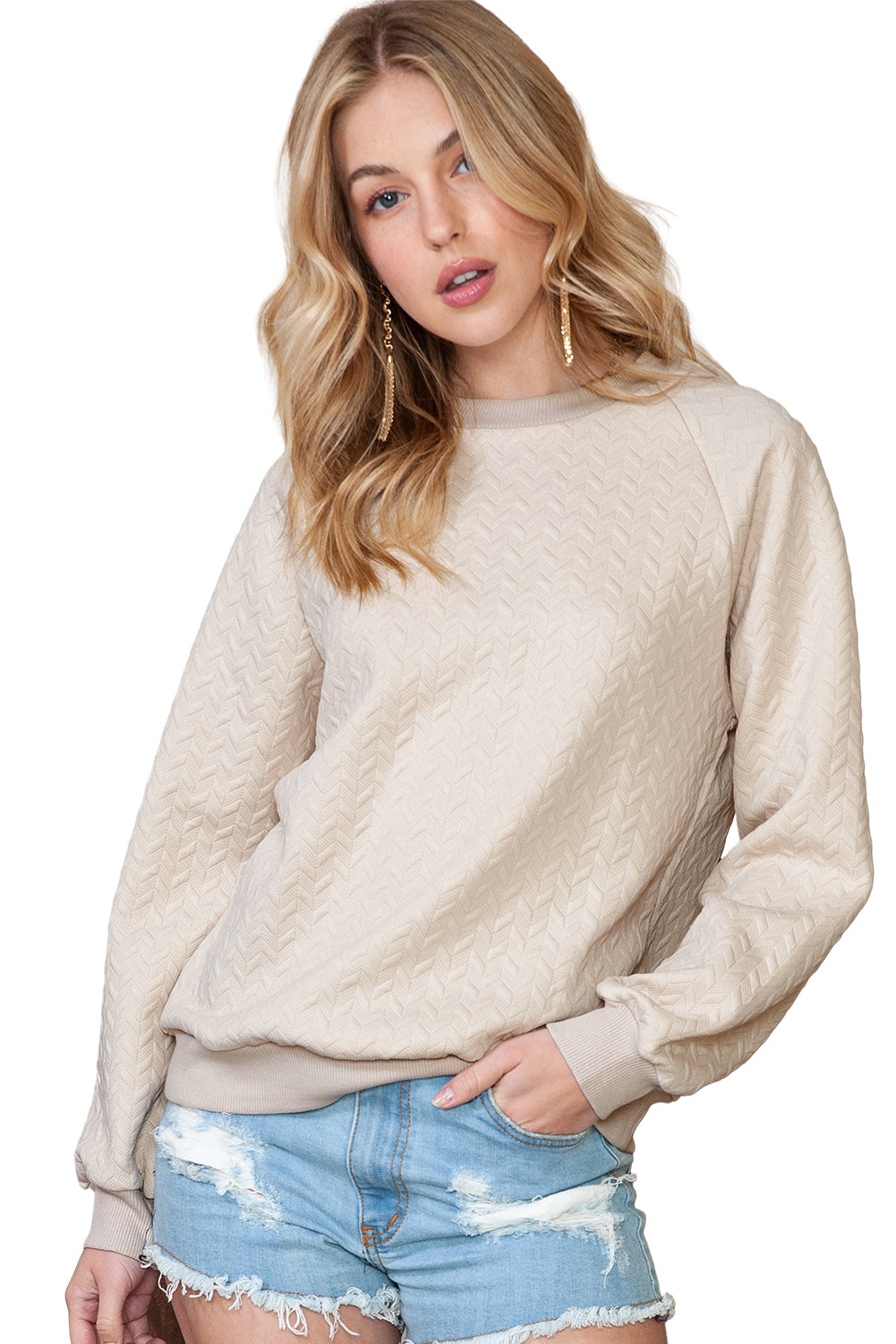 Beige Solid Color Raglan Sleeve Pullover Sweatshirt