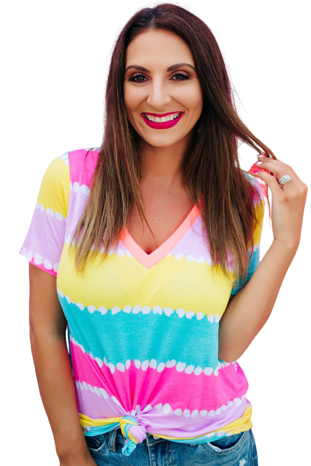 Yellow Striped Color Block V Neck T Shirt