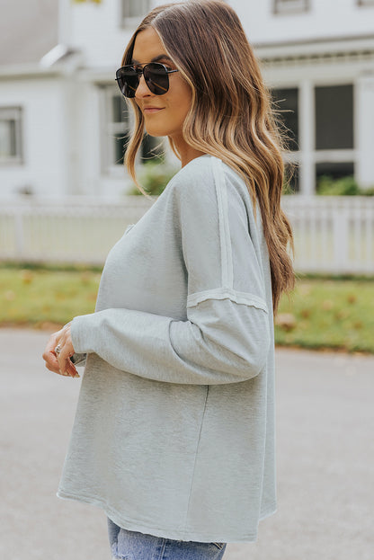 Grey V Neck Exposed Seam Drop Shoulder Long Sleeve Top