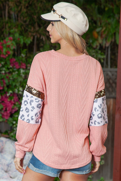 Pink Leopard Sequin Textured Knit Top