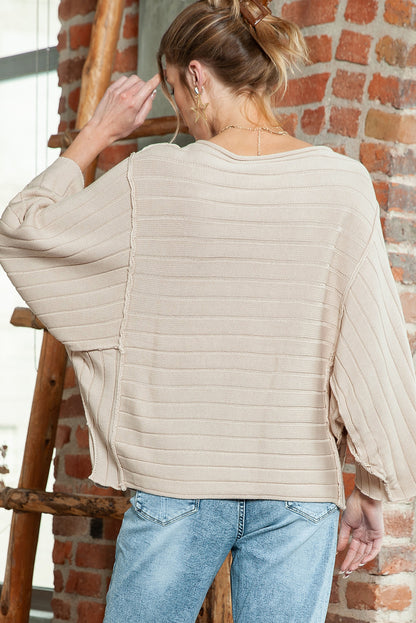 Apricot Solid Color Ribbed Knit 3/4 Sleeve Pullover Sweater