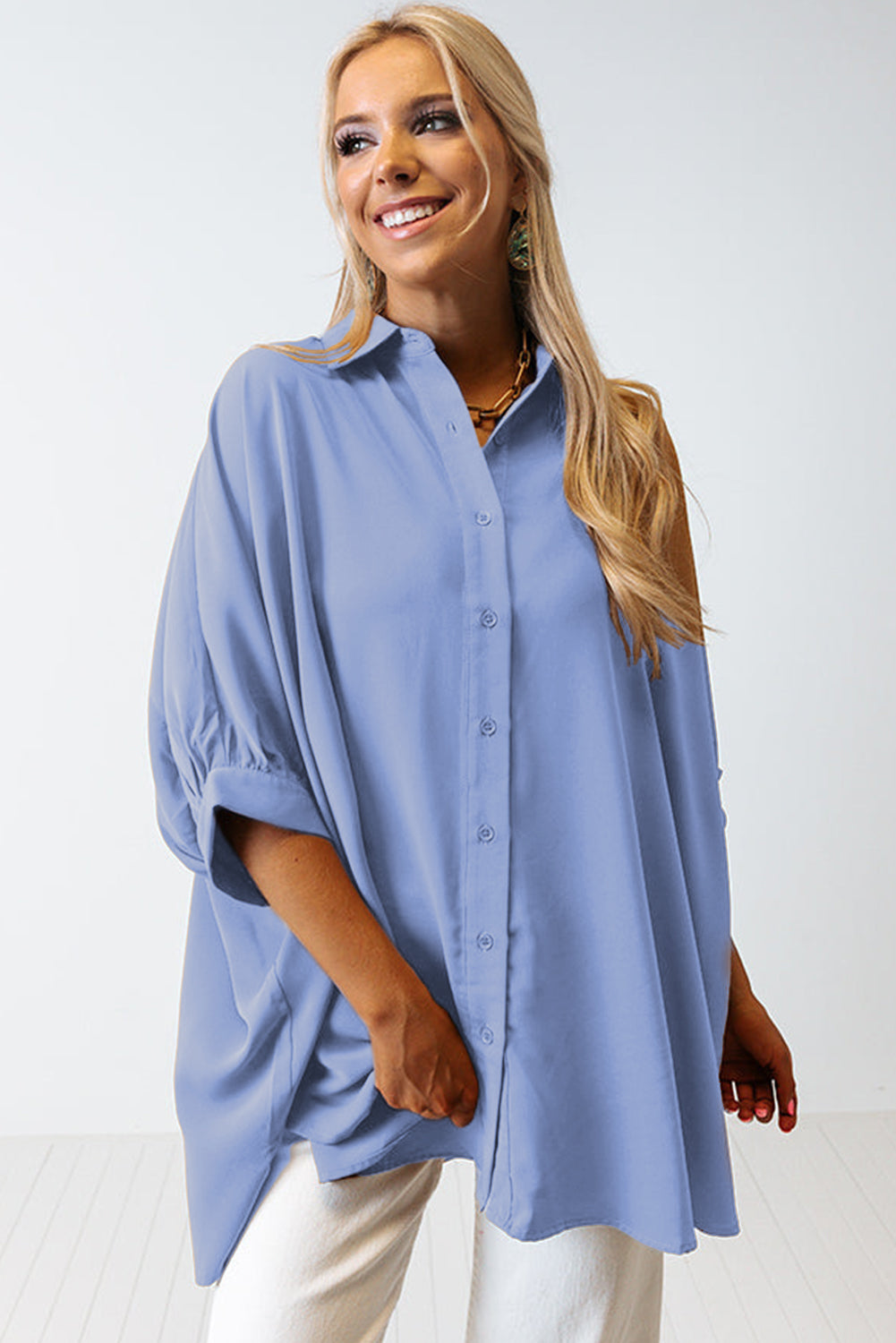 Sky Blue Plain 3/4 Batwing Sleeve Oversize Button Up Shirt