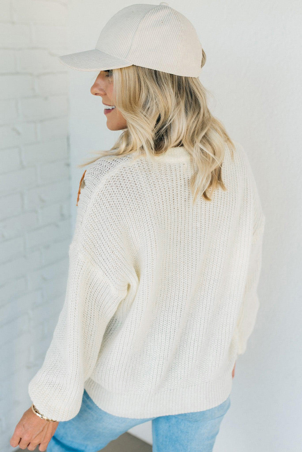 White Crochet Pumpkin Drop Shoulder Sweater