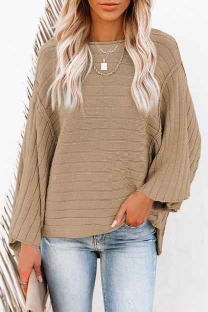 Apricot Solid Color Ribbed Knit 3/4 Sleeve Pullover Sweater