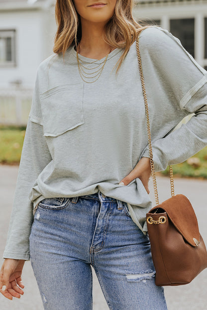 Grey V Neck Exposed Seam Drop Shoulder Long Sleeve Top