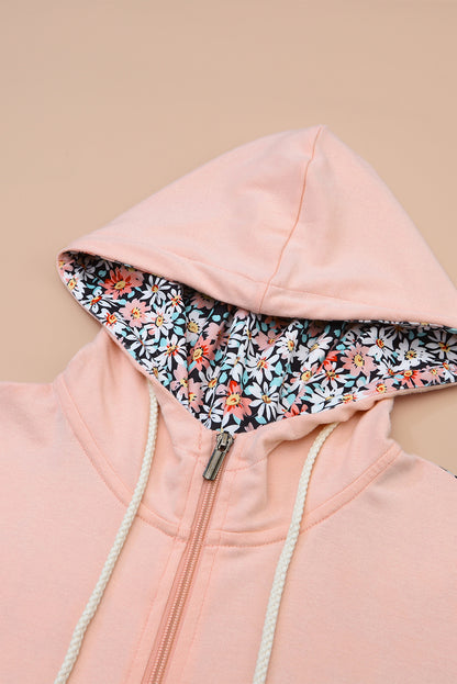 Pink Casual Daisy Print Colorblock Half Zip Hoodie