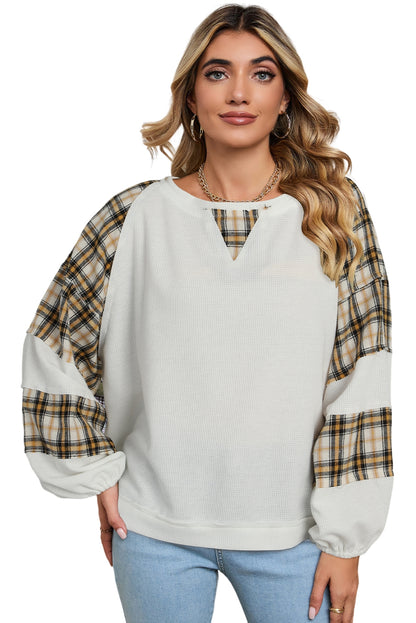 White Plaid Patch Waffle Knit Long Sleeve Top