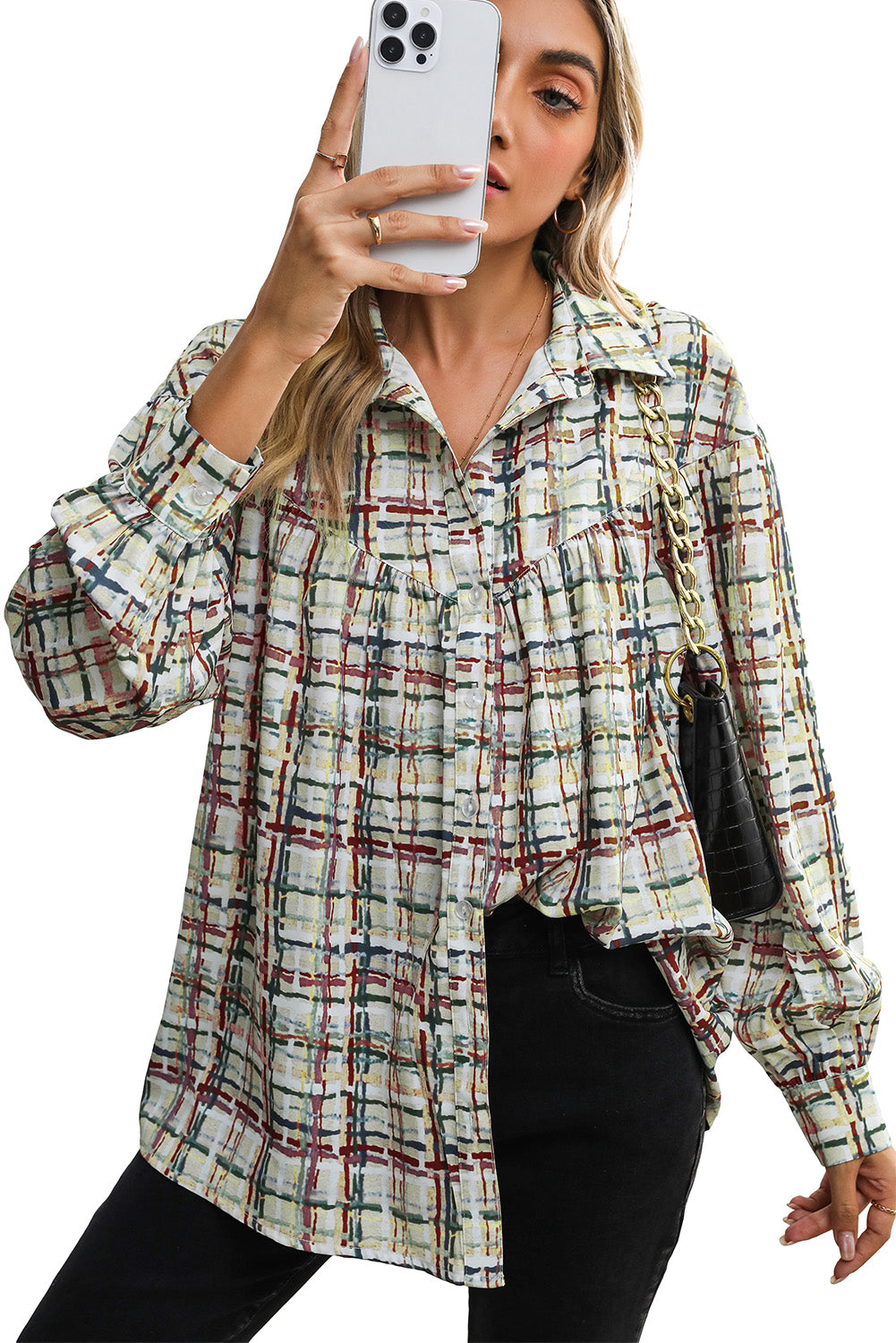 Multicolor Plaid Pleated Long Sleeve Shirt