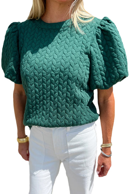 Green Solid Color Textured Puff Sleeve Top