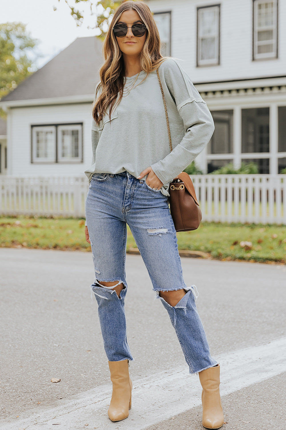 Grey V Neck Exposed Seam Drop Shoulder Long Sleeve Top