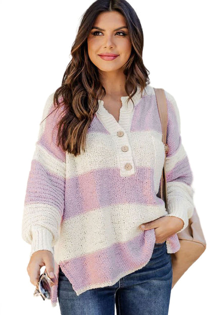 Pink Striped Long Sleeve Henley Knit Sweater with Slits