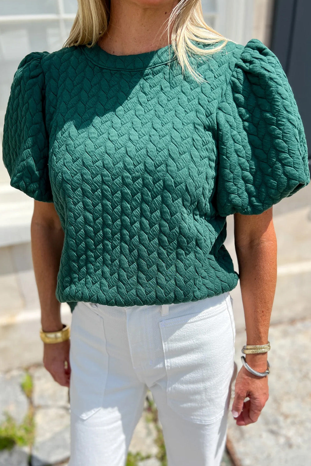 Green Solid Color Textured Puff Sleeve Top