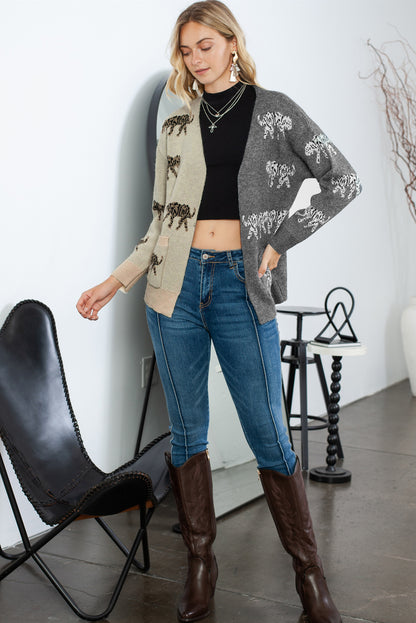 Animal Print Color Block Open Front Knitted Cardigan with Pockets