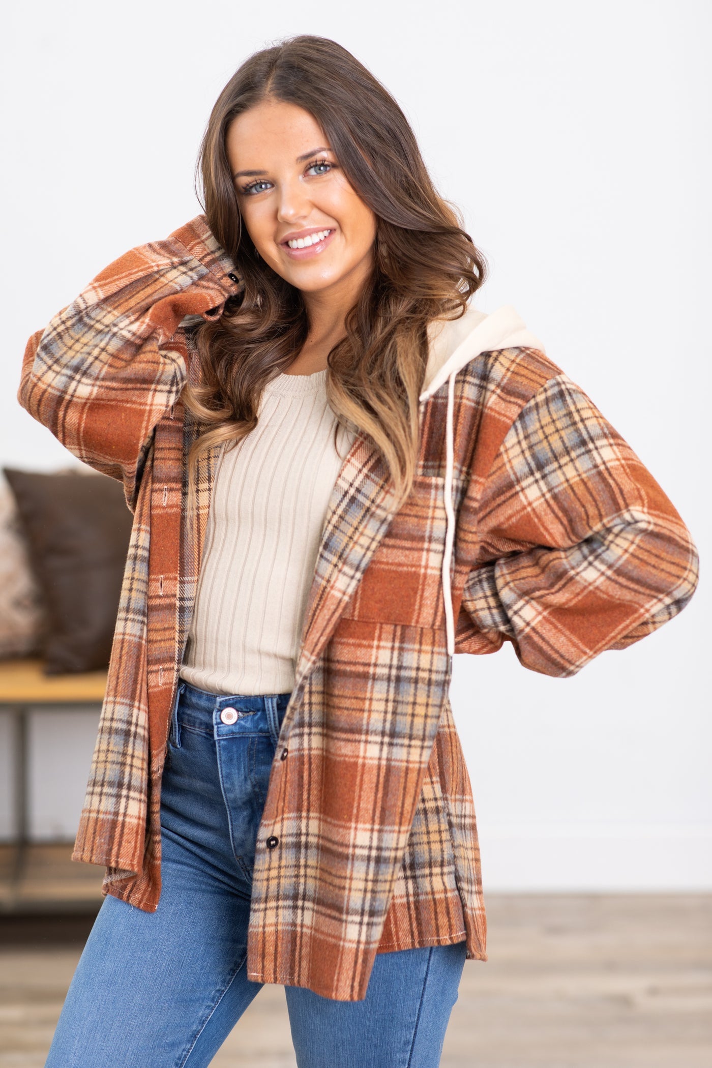 Multicolor Plaid Puff Sleeve Hooded Patchwork Shacket