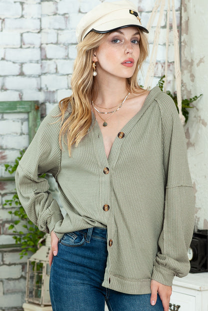 Khaki Exposed Seam Button Front Waffle Knit Cardigan