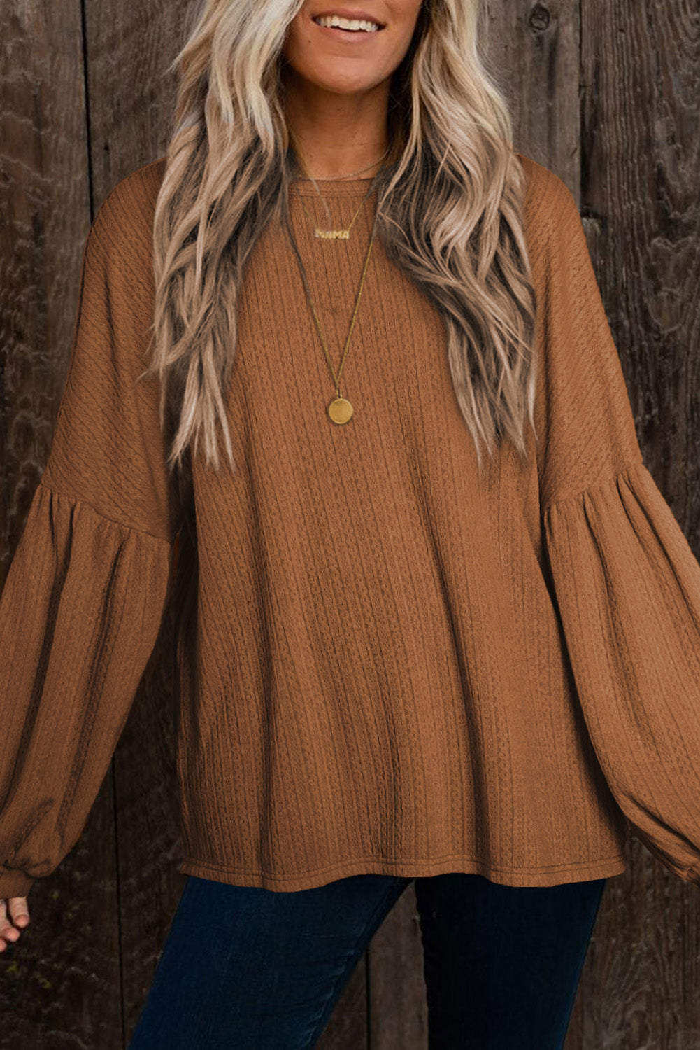 Brown Solid Color Textured Pullover Casual Top