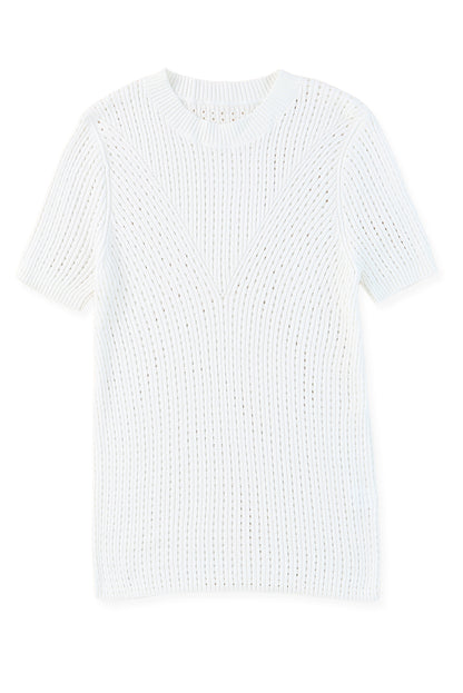 White Hollow Out Crewneck Short Sleeve Knitted Top