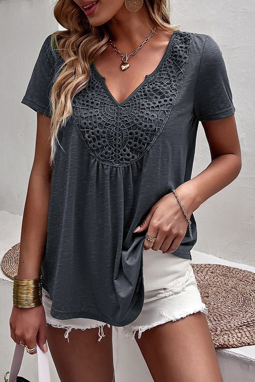 Gray Lace Crochet V Neck Tee