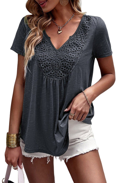 Gray Lace Crochet V Neck Tee