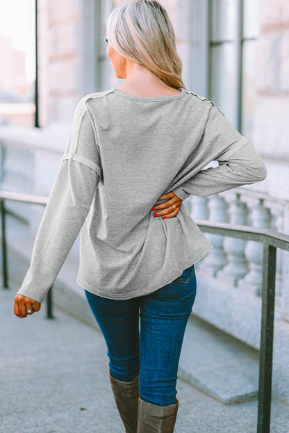 Grey V Neck Exposed Seam Drop Shoulder Long Sleeve Top