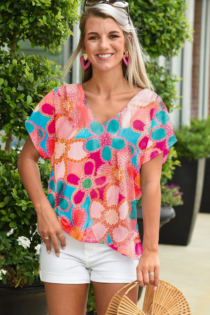 Pink Abstract Print V Neck Short Sleeve Dolman Blouse